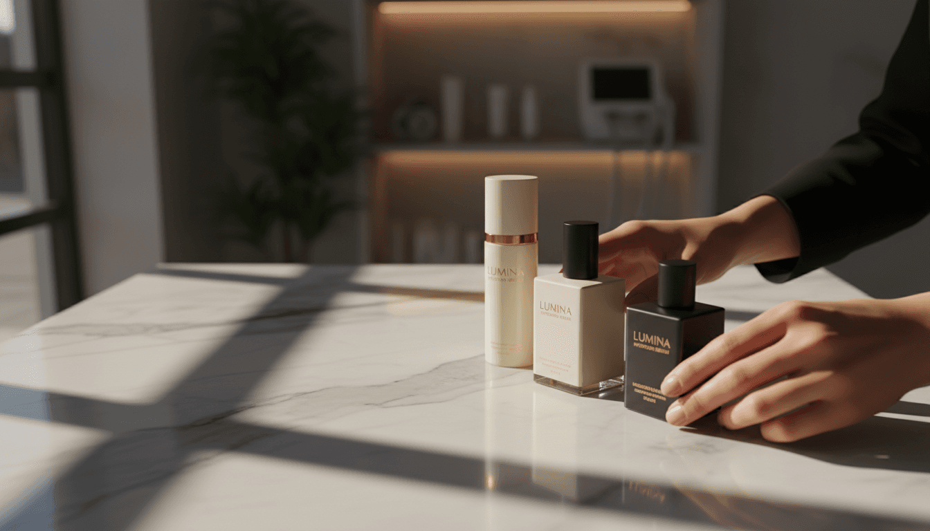 Designer arranging premium aesthetic skincare products on marble surface with professional lighting