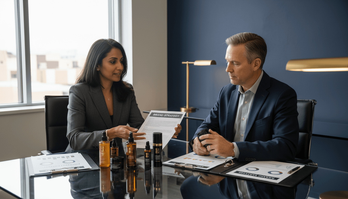 Aesthetix Advisory consultant reviewing brand strategy with physician client